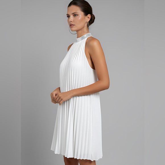 White Sequin Pleated Detail Halter Neck Dress - Picture 4 of 6